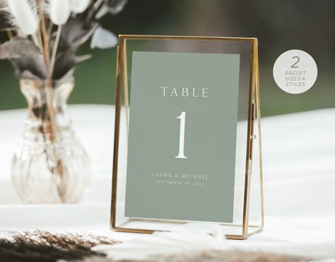 Sage Green Wedding Table Numbers, Sage Green Table Numbers, Sage Green Table Setting, Sage Green And Gold Wedding Theme, Gold Frame Table Numbers, Sage Green Wedding Table Setting, Table Numbers Green, Table Name Signs, Classy Reception