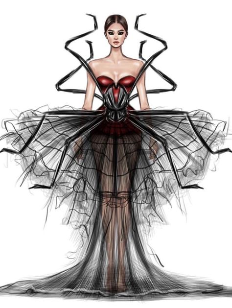 Spider Fashion Haute Couture, Shamekh Bluwi, Fashion Design Inspiration Board, Fashion Sketchbook Inspiration, Fashion Design Inspiration, Fashion Model Sketch, Fashion Illustration Tutorial, Fashion Figure Drawing, Dress Illustration