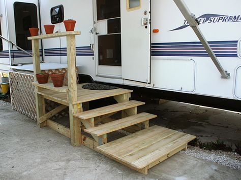 stairs4 Bunk Stairs, Trailer Park Queen, Cottage Rv, Rv Decks, Porch For Camper, Trailer Redo, Camper Steps, Travel Trailer Living, Rv Redo