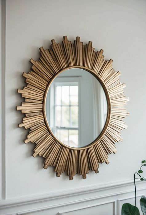 A sunburst mirror hangs on a white wall, reflecting light and creating an elegant focal point in the room Circular Mirror Living Room, Living Room Wall Mirror Decor Ideas, Round Wall Mirror Decor, Round Mirror Decor Ideas, Pampas Mirror, Hallway Mirror Ideas, Wall Mirror Decor Ideas, Living Room Wall Mirror, Room Wall Mirror