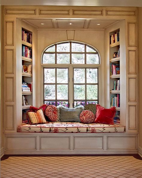 Wow! These built ins are some of the most beautiful I've seen.  The window seat with the arched window and all the wood detail is fabulous! Home Libraries, Cozy Nook, Home Library, Window Seat, Design Case, Home Fashion, Bay Window, My New Room, Reading Nook