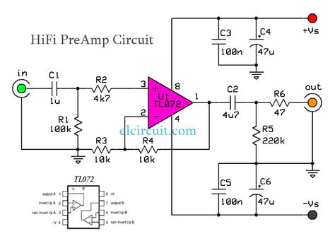 HiFi Preamp used to increase the signal strength to drive a cable to the main instrument without significantly lowering the signal-to-noise (SNR). Basic Electronic Circuits, Hifi Amplifier, Circuit Board Design, Diy Amplifier, Electronic Circuit Design, Power Supply Circuit, Subwoofer Amplifier, Electronic Schematics, Audio Amplifiers