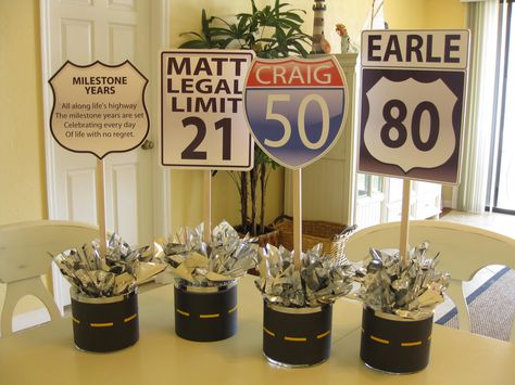 Route 66 Party, Motorcycle Birthday, Trucks Birthday Party, 50th Party, 80th Birthday Party, Birthday Centerpieces, Cars Birthday Parties, Good Year, 60th Birthday Party