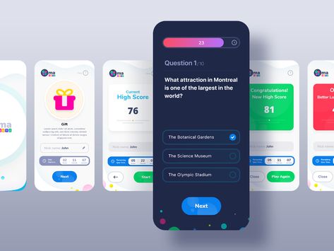 Quiz App UI - Oma by JD on Dribbble Quiz Ui Design, Quiz App Ui, Best App Design, Trivia App, Ui Design Mobile, Survey Design, List Inspiration, App Design Layout, Quiz Design