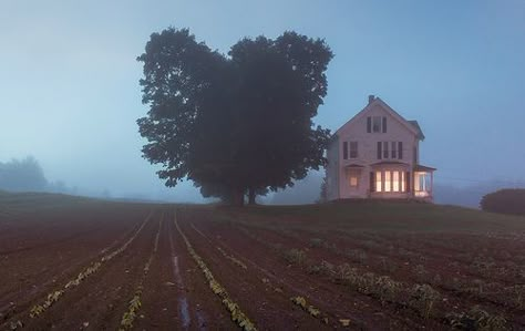 Farm in the Fog, West Newbury, Massachusetts Poor Southern Aesthetic, Liminal Tattoo, Midwest Gothic Aesthetic, Midwestern Gothic, Linocut Inspiration, Midwest Gothic, Visual Archive, American Gothic, Southern Gothic