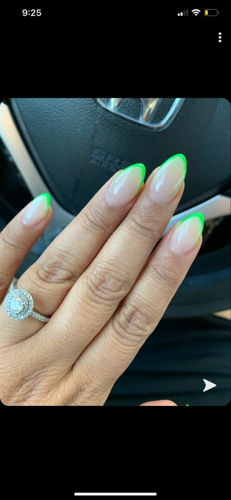 Almond Nail Tip Color, Nails With Lime Green Tips, Neon Green French Tip Nails Almond, Lime Green Nail Tips, Lime Green Prom Nails, Neon Green Dip Nails, Lime Green Nails French Tip, Lime Green Tips Nails, Neon Green Tips Nails