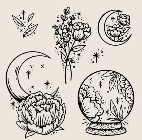 Spiritual Tattoo Flash Sheet, Small Simple Flash Tattoo, Mystical Flower Tattoo, Witchy Designs Simple, Floral Witchy Tattoos, Cute Witchy Drawings, Spring Flash Tattoo, Witchy Flower Tattoo, Witchy Tattoos Simple