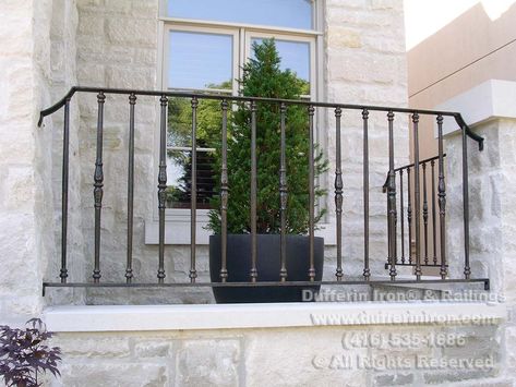 Iron Balconies - Dufferin Iron Wrought Iron Stair Railing Outdoor Porch, Outdoor Iron Railing, Exterior Iron Railing, Iron Balcony Railing Modern, Iron Railings Outdoor Balconies, Iron Railing Exterior, Wrought Iron Balcony Railing, Wrought Iron Railing Exterior, Wrought Iron Porch Railings