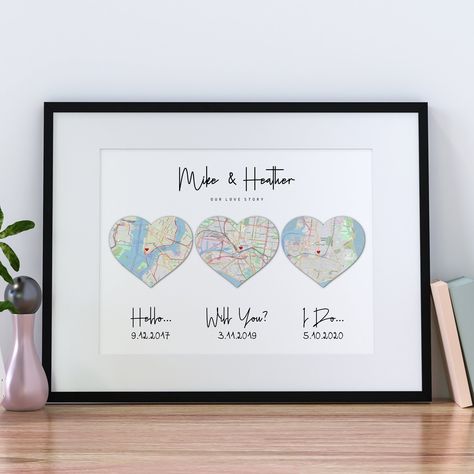 "❤️Digital File - 24h Digital Only - No Print - No Frame - I Agree✅ Hello, Will You, I Do, Map Art Print, We Met, Relationship Gifts,  Last Minute Custom Gift, For Couple, Gift For Him, Heart Art, Anniversary Gift You will receive a personalized gift that really means something to the person you are giving it to. Show off your top relationship milestones by creating a stunning keepsake of your love story with our 3 Heart Map Art. ✔3 Easy Steps to Order : Step 1: Purchase the listing you like. Step 2: Enter in the personalization field: 1) Names 2) Dates  3) Three locations (city names) 4) Three addresses for the small hearts.  5) Font № (optional) Step 3: Within 24 hours (include weekend days), I will send you proof of your artwork for review/approval. ✔DIGITAL FILE You will receive a digi Date Decor, Relationship Dates, Map Heart Art, First Anniversary Paper, Heart Map, Cotton Anniversary, First Anniversary Gifts, Relationship Gifts, Art Carte