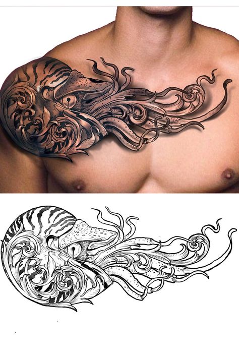 Chest Tattoo Male Design, Unique Tattoos For Men Chest, Conceptual Tattoo For Men, Nautilus Tattoo Design, Chest Design Tattoo, Tattoo Ideas For Chest, Left Chest Tattoo Men, Men Chest Tattoo Ideas Unique, Crazy Tattoos For Men