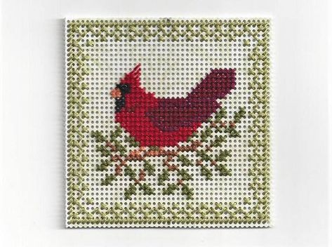 Cardinal Cross Stitch, Stitch Cards, Cardinal Christmas, Perforated Paper, Cross Stitch Christmas Ornaments, Dmc Embroidery Floss, Christmas Coasters, Cross Stitch Bird, Red Bird