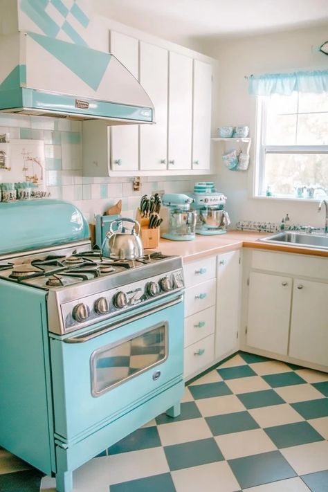 "Add a touch of nostalgia to your kitchen with Vintage-Inspired Decor! 🍳🕰️ A great way to create a space that feels both cozy and stylish. 🌿✨ #VintageHome #KitchenDesign #RetroInspo" 1950s Inspired Kitchen, 50s Inspired Kitchen, 1930s Kitchen Vintage, 1950s Aesthetic Home, Retro Beach Kitchen, 1940 Interior Design, Retro Pastel Kitchen, 50s Kitchen Vintage, Retro Kitchen Remodel