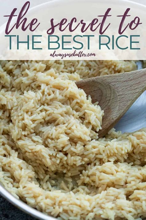 Just add 5 minutes and 2 ingredients to your regular rice cooking process, and have the best rice ever. Everyone loves this buttery rice that's loaded with so much flavor, and there's a vegan option included. Made with just rice (white rice or brown rice), butter or olive oil and chicken broth, vegetable broth or any other type of broth. A great side dish for fish and meat, amazing with stews and delicious with or without a sauce. Cooking Long Grain Rice On Stove, Long Grain Rice Recipes, Rice With Butter, Olive Oil Chicken, Vegetarian Side Dish Recipes, Chicken Flavored Rice, Buttery Rice, Side Dishes For Fish, The Best Rice