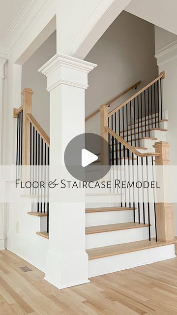 Ayla Humphrey on Instagram: "Flooring & staircase reveal 🤩🙌🏼 I seriously could not be happier with the results. Staircase: @stairsolutions Flooring: Original red oak flooring sanded down. 1 coat bleach 1 coat of Bona Natural 3 coats of Bona Mega One Matte finish I didn’t want the floors too white, too grey or too yellow. I wanted light flooring with some natural warmth to them without appearing too yellow. With the wood being red oak, it did take a coat of bleach to help remove the natural pink and red tones. DM me for my flooring guy’s contact! #houserenovation #homerenovation #homerenovations #homereno #staircase #staircaserenovation #staircasedesign #staircase #flooring #floorrefinishing #hardwoodfloors #woodstaining #hardwoodrefinishing #remodeling #homedecor #renovation Bleached Oak Floors, Staircase Flooring, White Oak Staircase, Golden Oak Floors, Red Oak Flooring, Light Flooring, Marble Foyer, Stairs Trim, Oak Staircase