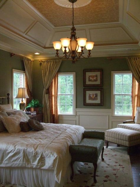 Tray ceiling with wainscoating and medallion Vaulted Tray Ceiling Bedroom, Trey Ceiling Ideas Bedroom, Bedroom Tray Ceiling Paint Ideas, Tray Ceiling Ideas Bedroom, Vaulted Tray Ceiling, Bedroom Tray Ceiling, Tray Ceiling Bedroom, Tray Ceiling Ideas, Trey Ceilings