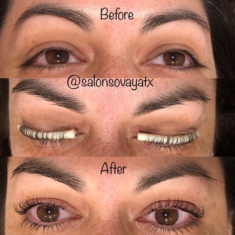 Before/During/After -Eyelash perm with Sovay Reeder at Salon Sovay. This result creates a stronger curl pattern than a lash lift. This client had lashes that pointed down and slightly impaired her vision.  In addition, her course, straight lashes did NOT respond to any lash curler technique and she had exhausted her options. This lash perm will last approximately 1 - 3 months and is humidity resistant. Lash Perm Before And After, Lash Lift Before And After, Straight Lashes, Lash Perm, Using A Curling Wand, Getting A Perm, Eyelash Perm, Lash Lifting, Eyelash Lift