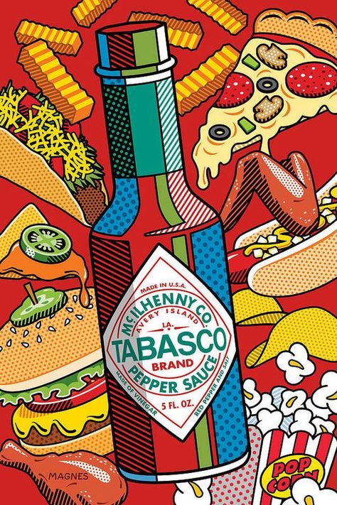 Tabasco Illustration, Ron Magnes, Pop Up Books, Tabasco Hot Sauce, Pop Art Food, Art 2022, Pop Art Images, Retro Graphic Design, Sandwich Shop