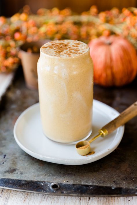 This Pumpkin Pie Protein Shake is thick, creamy, and tastes like pumpkin pie filling! It's made with nourishing ingredients that will keep you full for hours. Plus, this smoothie a is healthy and delicious way to satisfy your pumpkin pie cravings year-round! Pumpkin Pie Protein Shake, Pumpkin Protein Smoothie, Pumpkin Protein Shake, Pumpkin Smoothie Healthy, Pumpkin Smoothie Recipe, Paleo Pumpkin Pie, Pumpkin Pie Protein, Healthy Pumpkin Pies, Pumpkin Pie Smoothie