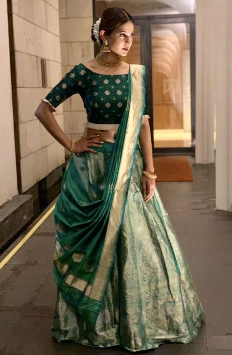 Jennifer Winget in Warp ‘n Weft Banarasi Teal Blue Khinkhwab Lehenga for Durga Puja in Kolkata Navratri Nights Tops Pattern, Simple Lehenga, Saree Wearing Styles, Choli Dress, Half Saree Lehenga, Lehnga Dress, Designer Gown, Indian Bridal Lehenga, Indian Saree Blouses Designs