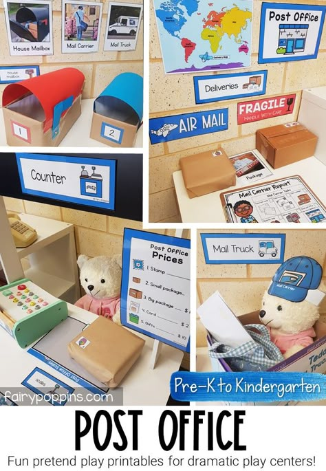 This post office dramatic play center comes in a blue post office AND red post office version. It's great for a community helper theme. #postofficedramaticplay #postofficepretendplay #bluepostoffice #redpostoffice #postofficeplay #writingcenter #writingcentre #communityhelper #communityhelpers #communityhelperactivities #pretendplay #dramaticplaycenter #pretendplaycenter #preschool #prek #kindergarten Community Helper Activities Preschool, Post Office Role Play, Post Office Activities, Community Helper Dramatic Play, Pretend Play Post Office, Post Office Play, Post Office Dramatic Play, Office Dramatic Play, Community Helpers Preschool Activities