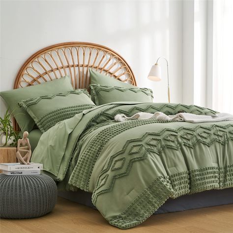 PRICES MAY VARY. [Unique Tufted Design]: Sage green comforter set features geometric textured pattern and tufted pom pom dots. The simple yet sophisticated design gives your room a nice update and boho modern chic look.Brighten up your home with calming and soothing vibe. [King Comforter Set]: You can get a 7-piece tufted comforter set king size with 1 comforter(102”x90”),1 flat sheet(108”x102”),1 fitted sheet(78”x80”+18”),2 pillow cases(20”x40”),2 pillow shams(20”x36”). The tufted comforter kin Tufted Comforter, Shabby Chic Comforter, Green Comforter Sets, Comforter Sets Boho, Full Comforter Sets, Boho Comforters, King Size Comforter Sets, Green Comforter, King Size Comforters