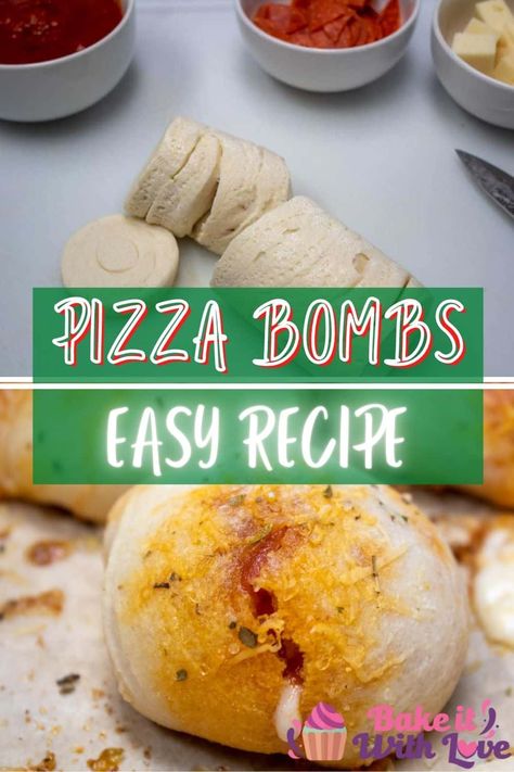 These stuffed pizza bombs are a quick and easy homemade version of pizza bites that also double as a great project to do with the kids! You can hand stretch your Pillsbury Grands biscuits, or roll them out, before layering all of the wonderful cheese, marinara, and pepperoni slices inside. Pop them in the oven and you're ready to go! BakeItWithLove.com #bakeitwithlove #stuffedpizza #pizza #pizzabombs #pizzarolls Pepperoni And Biscuit Recipes, Pizza Puffs Recipe Biscuits, Pizza Pockets With Biscuits, Pizza Buiscits, Canned Biscuit Pizza Recipes, Pizza Made With Biscuits, Canned Biscuit Pizza, Grands Biscuit Pizza, Pizza Bombshell