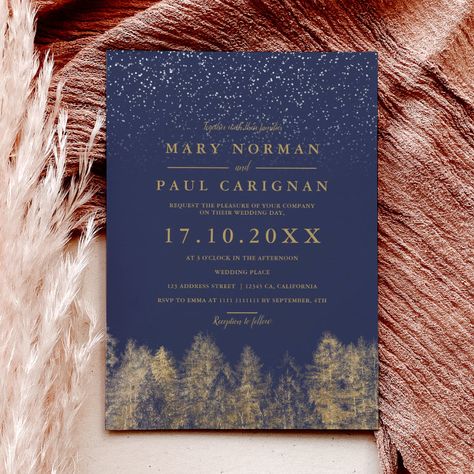 Forest Wedding Invitation, Navy Blue Wedding Theme, Blue Wedding Stationery, Forest Wedding Invitations, Wedding Branches, Christmas Wedding Invitations, Blue Pine, Afternoon Wedding, Pine Trees Forest