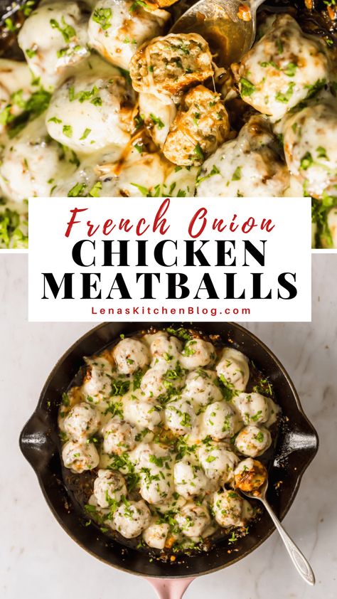 French Onion Chicken Meatballs, Burger Meals, Meatballs Low Carb, Skillet Meatballs, Ground Chicken Meatballs, Cozy Food, Baked Chicken Meatballs, Low Carb Meatballs, French Onion Chicken