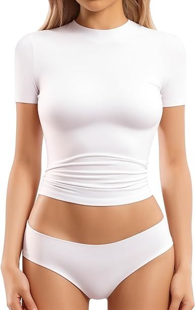 MANGOPOP White Short Sleeve Tops for Women Crew Neck Double Lined Fitted T Shirts Y2K (White, X-Large) at Amazon Women’s Clothing store Short Sleeve Tops For Women, T Shirts Y2k, Shirts Y2k, White Short Sleeve Tops, Amazon Clothes, Short Sleeve Tops, Teenager Outfits, Basic Tops, Basic Tee