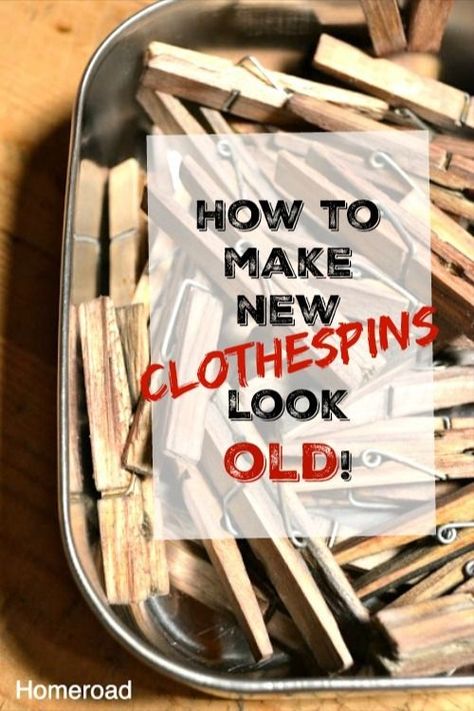 Want to make a new package of dollar store clothespins look like they've been around forever? This easy tutorial will show you how to age new clothespins to get the vintage look. Homeroad.net #clothespins #agingtechnique #vintagelook #vintage #diyproject #agingwood # Vintage Clothespins Ideas, Clothespin Painting, Clothespin Cross, Clothespin Crafts, Homemade Chalk, Furniture Painting Techniques, Funky Junk Interiors, Wood Clothes, Clothes Pin Crafts