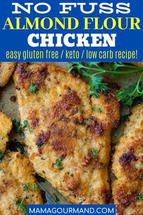 Low Carb Almond Chicken recipe is breaded in almond flour and parmesan for a no fuss, easy weeknight dinner the whole family will enjoy! Gluten free crispy baked chicken can be adapted to make gluten free, low carb chicken nuggets, tenders, or breasts using simple kitchen pantry ingredients. #glutenfreechicken #almondflourchicken #lowcarb #keto #nuggets #tenders Keto Nuggets, Almond Flour Chicken, Flour Chicken, Baked Breaded Chicken, Chicken Cutlet Recipes, Gluten Free Chicken Recipes, Almond Chicken, Baking With Almond Flour, Breaded Chicken Breast