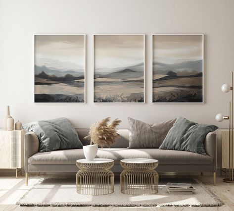 "Enhance the beauty of your walls with our exquisite Wall Decor Set of 3. This art landscape painting DIGITAL DOWNLOAD set features stunning abstract landscape wall art pieces that will add a touch of elegance and style to any room in your home. The set includes three unique pieces that can be displayed together as a cohesive collection or separately to create a captivating focal point in different areas of your home. Whether you want to spruce up your living room, bedroom, or office, this Wall Decor Set of 3 is a perfect choice to elevate your interior decor to new heights. Highlights: - Set of 3: This Wall Decor Set includes three beautiful art landscape paintings, offering versatility in how you display them. - Abstract Landscape Wall Art: The paintings feature abstract interpretations Over The Couch Painting, Paintings Behind Sofa, Wall Art Above Fireplace Ideas, Living Room Art Ideas Above Couch, Living Room Wall Decor Ideas With Photos, Modern Mountain Art, Art For White Walls, Behind The Sofa Wall Decor, Behind Sofa Wall Decor