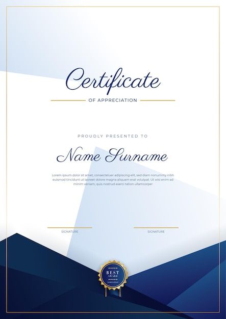 Blue and gold certificate of achievement... | Premium Vector #Freepik #vector #certificate-pattern #certificate-border #certificate-frame #winner-certificate Certification Design, Graduation Certificate Design, Certificate Design Aesthetic, University Certificate Design, Elegant Certificate Design, Certificate Of Recognition Design, Certificate Of Achievement Design, Certificate Design Inspiration, Certificate Of Authenticity Design