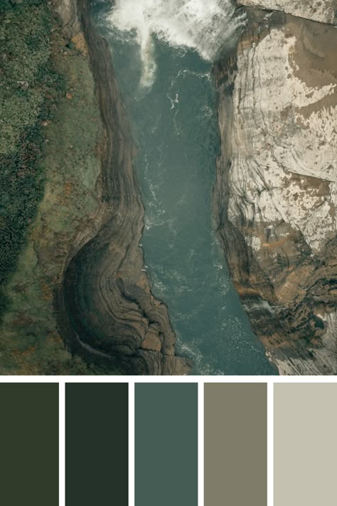 This palette presents a waterfall and river winding through a rocky landscape. The earthy greens of the surrounding vegetation, the deep blues of the water, and the browns and grays of the rocks create a natural and grounding palette. The colors reflect the rugged and serene beauty of the environment. Earthy Cool Color Palette, Rock Color Palette, Earth Color Palette, Earth Palette, Color Scheme Generator, Earth Colour Palette, River Logo, Tone Color Palette, Earth Tone Color Palette