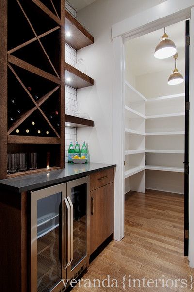 Veranda Interiors: Great wet bar/butlers pantry area. Stainless steel mini bar, chocolate brown wood ... Pantry Corner, Veranda Interiors, Built In Wine Rack, Steel Door Design, Butlers Pantry, Mini Bars, Butler Pantry, Butler's Pantry, Pantry Design