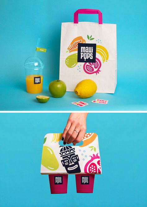 The design of these cups for takeaway products at a popsicle and juice store feature the brand’s simple logo while the bags and coffee carriers have the colorful graphics and the Tiki character. Juice Bar Interior, Juice Bar Design, Juice Store, Juice Logo, Fruit Logo, Juice Branding, Juice Packaging, Smoothie Bar, Fruit Shop