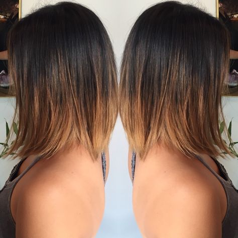 brunette balayage ombre on Asian hair. Slightly Aline bob haircut. #hairbykaterina Collarbone Length Hair Ombre, Short Hair Balayage Asian Straight, Ombre Bob Brunette, Ombre Long Bob Brunette, Asian Brown Balayage Straight, Lob Asian Hair Straight, Aline Bob Haircuts, Bob Ombre, Long Bob Ombre