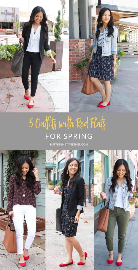 5 Outfits with Red Flats for Spring Red Flats Outfit, Outfits With Red, Olive Denim Jacket, Clothes Capsule, Red Shoes Outfit, Flat Shoes Outfit, Office Ootd, 5 Outfits, Simple Casual Outfits