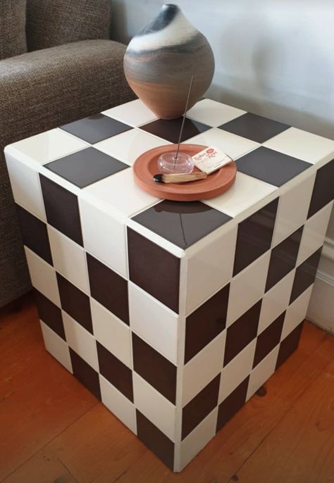 Checker Decor, Checkered Room Decor, Checkered Decor Ideas, Tile Cube Table, Checkered Side Table, Diy Tile Side Table, Checker Board Table Diy, Checkered Tile Side Table, Checkerboard Table