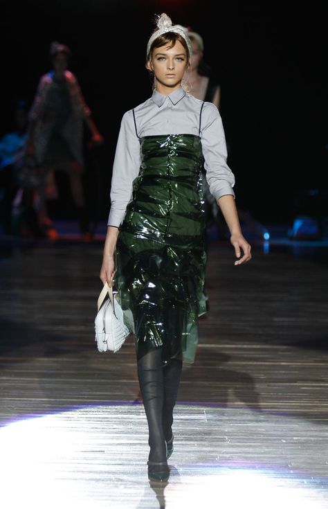 SS12 - Daga: Green Plastic Tank Dress; Grey Cotton Shirt; Tinsel Organza ‘Do Rag; White Fringe Julia Bag; Mirror Pump Do Rag, Bag Mirror, Artistic Fashion, White Fringe, Glad Rags, Charles Bukowski, Bukowski, Grey Cotton, Tank Dress