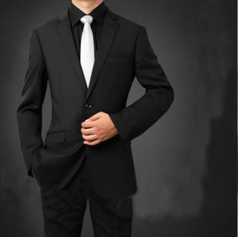 Groomsmen Suits from Tux and Tails. Black Suit White Tie, Wedding Reception At Home, Groomsmen Dress, Wedding Goodies, Miss Fisher, Cheap Online Clothing Stores, Black Suit Wedding, Prom Inspo, Business Suits