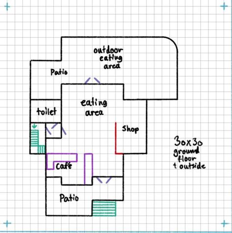 Sims 4 Coffee Shop Layout, Cafe Layout Plan Coffee Shop, Cafe Layout Plan Bloxburg, Bloxburg Cafe Floor Plan, Sims 4 Cafe Apartment, Cafe With Apartment Above, Sims 4 Cafe Layout, Sims Cafe Ideas, Bakery Layout Floor Plans