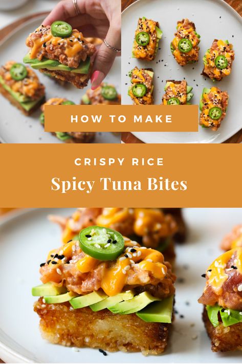 Ahi Tuna Bites Recipe, Poke Bites, Crispy Tuna, Crispy Rice Appetizer, Tuna And Crispy Rice, Crispy Rice Squares, Tuna Appetizer Recipes, Japanese Appetizer, Sushi Crispy Rice