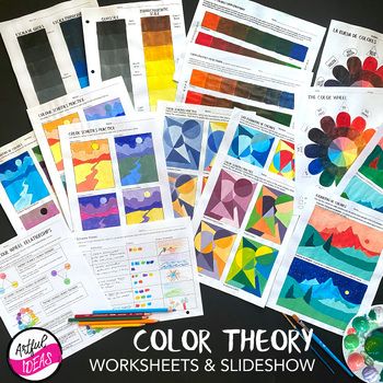 This Spanish/English bilingual art worksheet bundle includes a collection of color theory worksheets and study guides as well as a Color Theory slideshow in both Powerpoint and Google Slides formats that covers all the relevant topics and concepts in both English and Spanish as well as images of painted examples of all of the worksheets. The worksheets work best with painting lessons and students can paint directly onto handouts using acrylic or tempera paint. Worksheets include:Color wheel with Color Theory Worksheet Free Printable, Color Theory Art Projects High School, Color Theory Activities, Color Theory Painting Projects, Color Theory Projects High School, Teaching Color Theory, Color Exercises, Color Theory Worksheet, Color Theory Projects