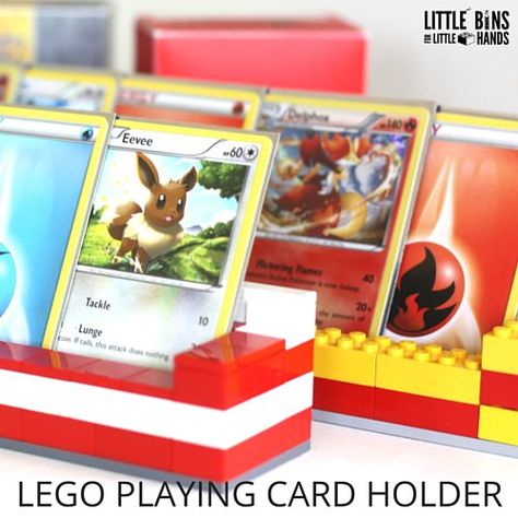 Do you have young kids who are learning how to hold a handful of cards for kid's card games? Then you need to make simple LEGO playing card holders! Kids Card Games, Lego Card, Playing Card Holders, Pokemon Eggs, Lego Pokemon, Pokemon Crafts, Lego Challenge, Coin Games, Playing Card Holder