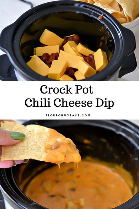 Two ingredients Crock Pot Chili Cheese Dip. A classic dip recipe Hormel Chili Cheese Dip, Chili Cheese Dip Crockpot, Chili Dip Recipes, Bean Cheese Dip, Chili Cheese Dip Recipes, Cheese Dip Crock Pot, Crock Pot Chili, Chili Cheese Dip, Hormel Chili