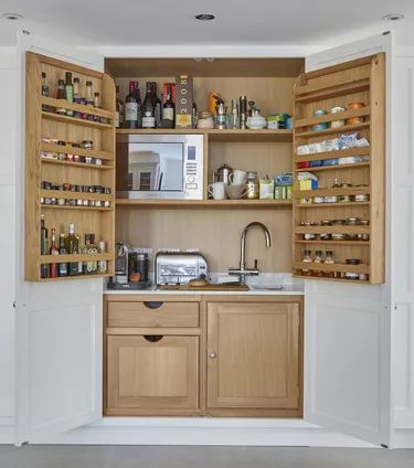 15 Appliance Garage Ideas You Have to Try | Hunker Emily Henderson Design, Kitchen Larder, Countertop Cabinet, Appliance Garage, Larder Cupboard, Larder Unit, White Tile Backsplash, Pantry Cupboard, Kitchen Decorating Ideas