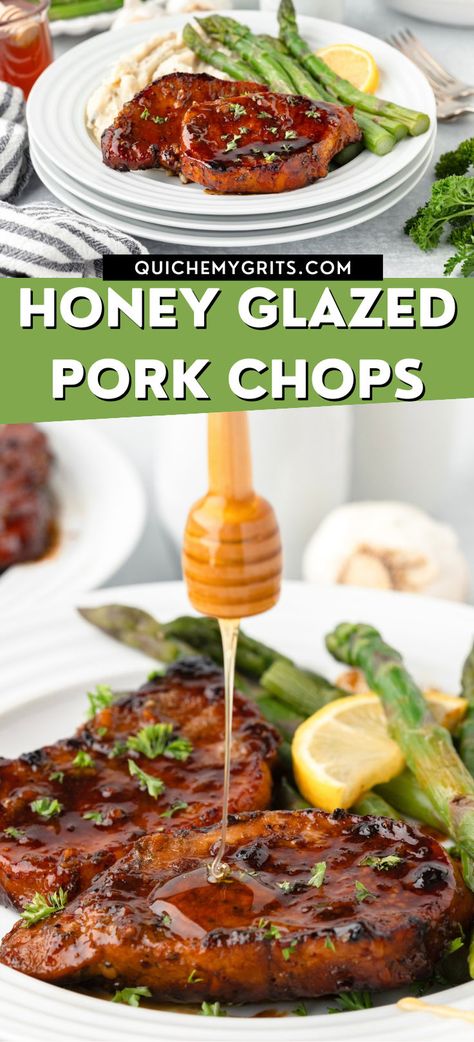 A graphic with two photos depicting honey glazed pork chops. Pork Chop Marinade Recipes, Honey Glazed Pork Chops, Glazed Pork Chops Recipes, Honey Pork Chops, Skillet Pork Chops, Honey Garlic Pork Chops, Bbq Pork Chops, Pork Sauce, Tender Pork Chops