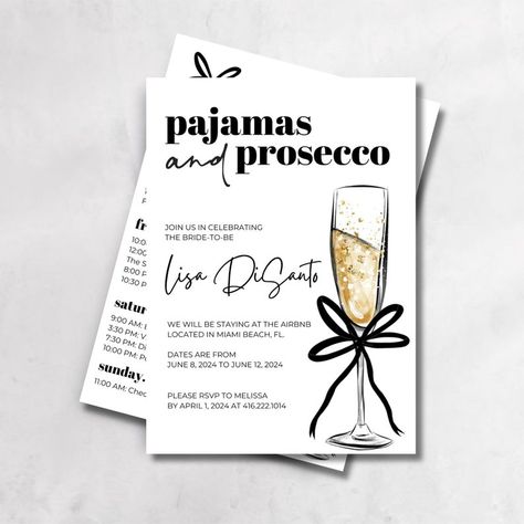 Welcome to my custom Pajamas and Prosecco Bachelorette Invitation, designed with simplicity in mind! This template is perfect for announcing your special event in style while keeping things easy, fun, modern and elegant.  Created with a clean and minimalist design aesthetic, this template ensures that your Bachelorette invitation message takes center stage. This is perfect for showcasing a destination bachelorette party, like were going to Miami! Pjs And Prosecco, Prosecco Bachelorette, Minimalist Bachelorette Party, Bachelorette Champagne, Destination Bachelorette Party, Bachelorette Invites, Custom Pajamas, Destination Bachelorette, Invitation Message