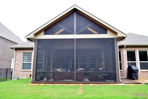 Must-see Heath Texas Screened in Covered Patio Abode | Archadeck of Northeast Dallas Screened In Porch With Gable Roof, Gable Screened In Porch, Back Screened In Porch Ideas, Open Gable Roof, Acid Stained Concrete Patio, Enclosed Patio Ideas, Back Porch Designs, Patio Addition, Backyard Covered Patios